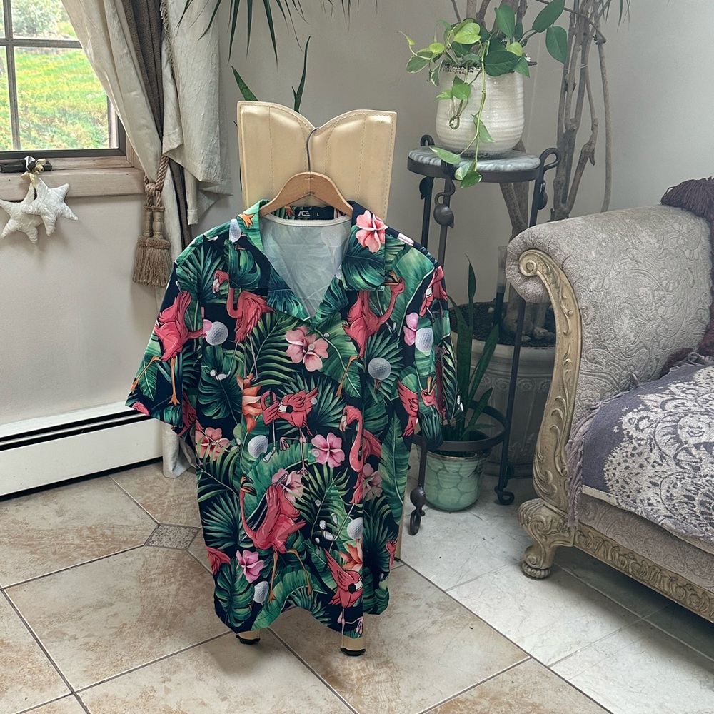 GOLF Tropical Floral Button-Up Shirt ACE SIZE L FUNNY